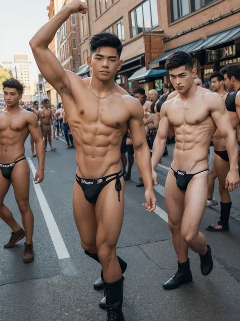 1boy,one handsome man,Asian,(head turned, looking at viewer:1.5),(short black hair:1.3),perfect hands,five fingers on each hand,black boots,(sexy bikini thong:1.3), (pubes: 1.3), shirtless, topless, lifted arms, muscular,(manly pose on the gay parade:1.5),...