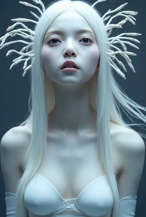 Image of a humanoid alien, masterpiece, cinematic lighting, UHD, accurate, super detail, high details, high quality, award winning, best quality, 16k, detailed face, realistic textured skin, Humanoid alien with albino white skin and pale blue eyes, and lon...