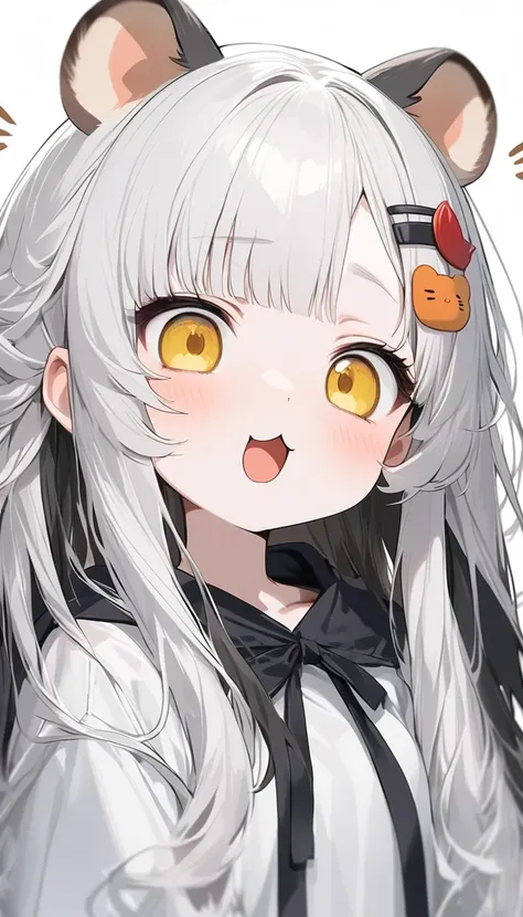 hamster ear 少女,  Cute Hamster Ears ,  very realistic white hamster , perfect anatomy,   long white hair, 非常に  long hair,  straight perm, bangs, (((bangsに赤い蝶のヘアクリップ))),   yellow eyes,  New Look,   long hair, Gray Hair, Black inner hair, ：3,  Panicked  ,   o...