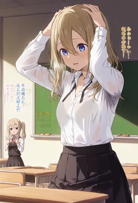 NSFW、Hayasaka Ai、 school classroom、 school uniform 、 white shirt 、 black skirt 、((sweat))、body odor、 Cross Your Hands Over Your Head