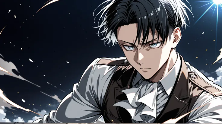  masterpiece, best quality, 8k, high resolution, 1boy, male, Levi Ackerman Attack on Titan, short black hair, blue-gray eyes, sultry stare, black uniform, white ascot, light gray un-buttoned shirt.  dynamic sexy pose, lean muscular body, ultra-detailed, in...