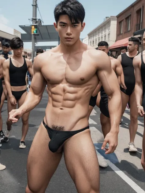 1boy,one handsome man,Asian,(head turned, looking at viewer:1.5),(short black hair:1.3),perfect hands,five fingers on each hand,black boots,(sexy bikini thong:1.3), (pubes: 1.3), shirtless, topless, lifted arms, muscular,(manly pose on the gay parade:1.5),...