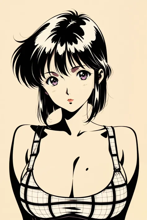 best quality, illustrator anime, style retro classic, master piece:1.5、(minimal art, line drawing), woman、silence、An ennui look、Densely drawn, plaid tank top, huge breasts, portrait, 










