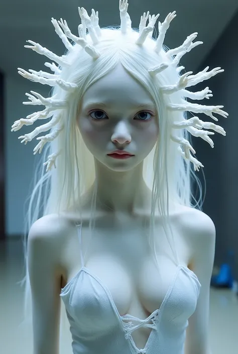 Image of a humanoid alien, masterpiece, cinematic lighting, UHD, accurate, super detail, high details, high quality, award winning, best quality, 16k, detailed face, realistic textured skin, Humanoid alien with albino white skin and pale blue eyes, and lon...