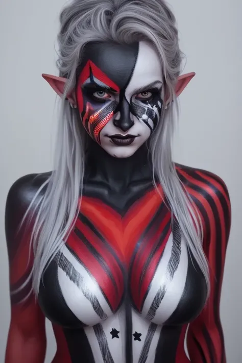 Elf, Front image, (  black and white double line plaid body paint and face paint :1.3), ( Red and Silver Tribal Body Paint and Face Paint    :1.4),  Whitish skin all over  ,    Silver Hair,  Asymmetric pattern  ,Full body portrait,   big breasted , 