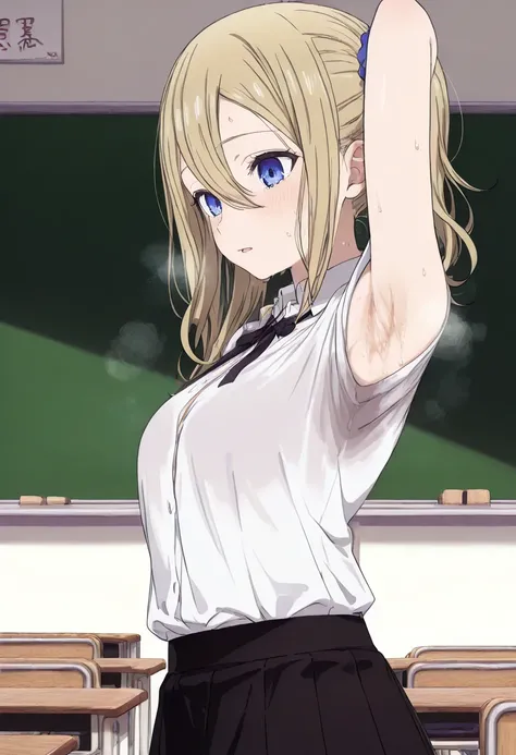 NSFW、Hayasaka Ai、 school classroom、 school uniform 、 white shirt 、 black skirt 、(sweat)、body odor、 smell their own armpits