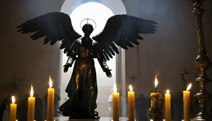 Pope imprisoned a black angel inside the Vatican, terror, candles, ropes, little light.