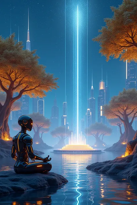  A futuristic landscape of a digital planet ,  where metallic trees grow with leaves made from launched cryptocurrency coins.  at the city centre, a light source , with golden streams of light flowing toward the starry sky .  A stylized robot ,  with eyes ...