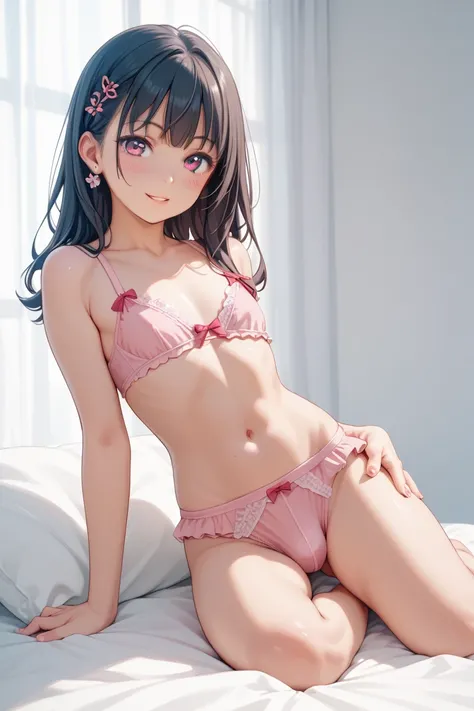 ( high quality )flat chest、cute japanese hutanari, Pink lingerie, 