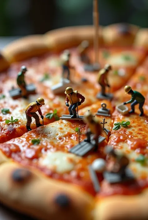 A professional macro photograph of pizza and tiny miniature workers with 9 microscopic human workers construction on a pizza, work like human  and describe this promt to yourself