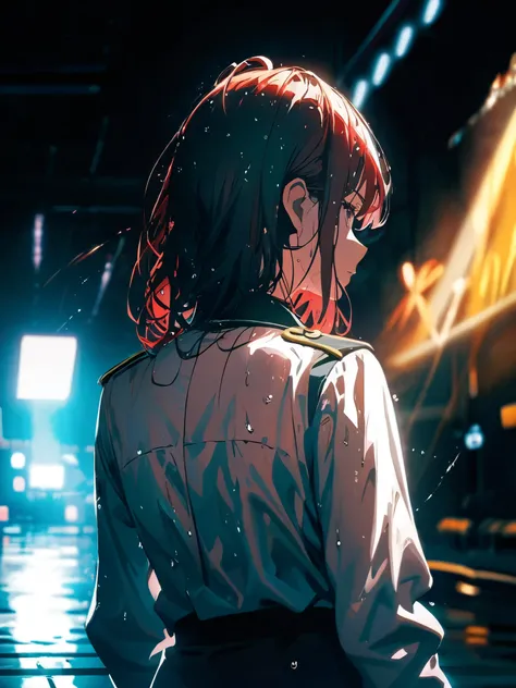  high resolution, masterpiece, accurate,  best quality,  movie light effects,  Digital Art ,  wet hair, Back view,  wide angle shot,  red hair, Reflected Light, uniform