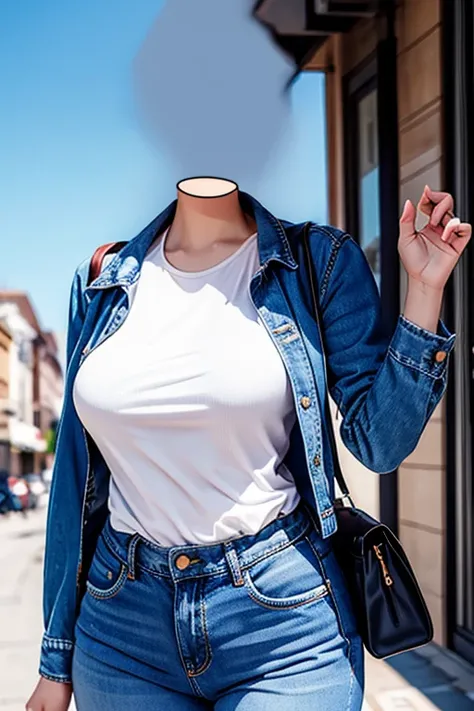 (Best quality, masterpiece), 1girl, solo, headless, sexy, attractive, wearing a jean jacket, distressed jeans, holding a purse, city background, sunny sky, upper body shot