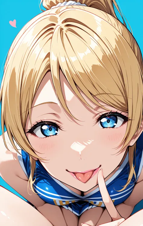 masterpiece,  best quality,  Great Quality ,  Very Aesthetic,   ridiculous , up to date, scenery, high definition , high resolution, close-up portrait with legs closed to hide crotch,woman,woman,Eli Ayase, Love Live,blonde hair, long hair,  blue eyes,ponyt...