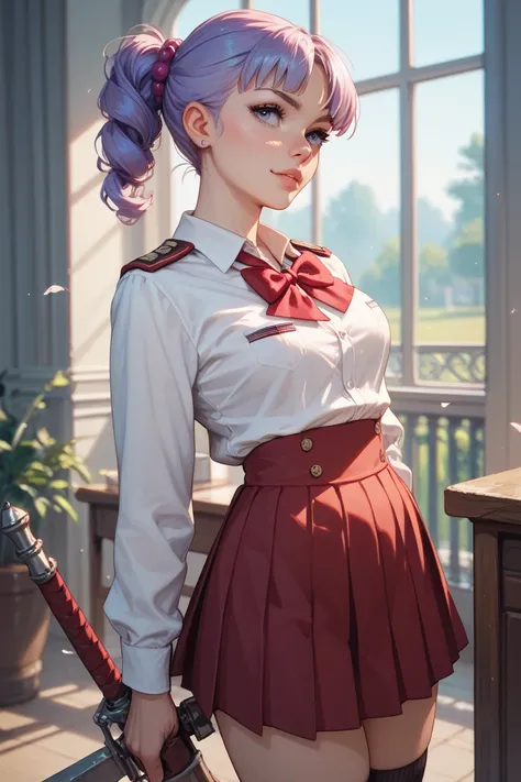 Warrior school uniform with red, white, and lilac color