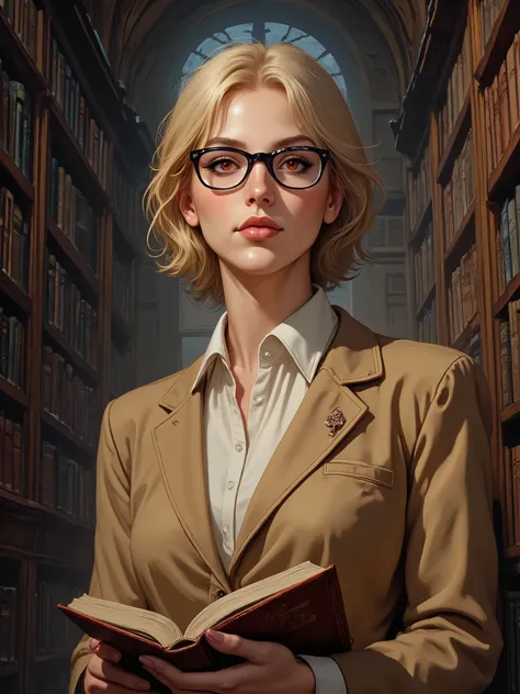  illustration, A vampire woman, with bright red eyes,  blonde hair well-groomed medium hair , erudite face ,  small square glasses ,  light brown women's formal jacket ,  white shirt under , book in the hands .  In the background a huge old English-style l...