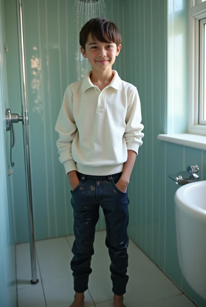 A 14-year-old puberto boy in his bathroom ,  under the shower getting wet with his school sweater  (a white polo  (wet and tight (wet and tight) Diving pants, wet and shiny pants showing a marked butt and long wet soft tights)