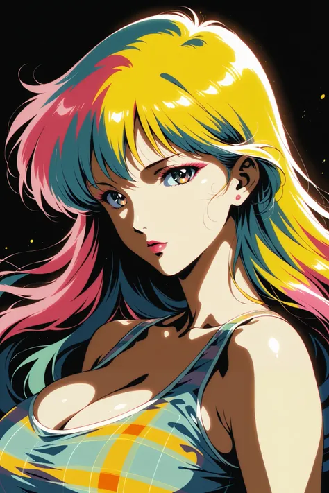 best quality, illustrator anime, style retro classic, master piece:1.5、(minimal art), woman、colored hair, silence、An ennui look、Densely drawn, plaid tank top, huge breasts, portrait, neon color palette, 










