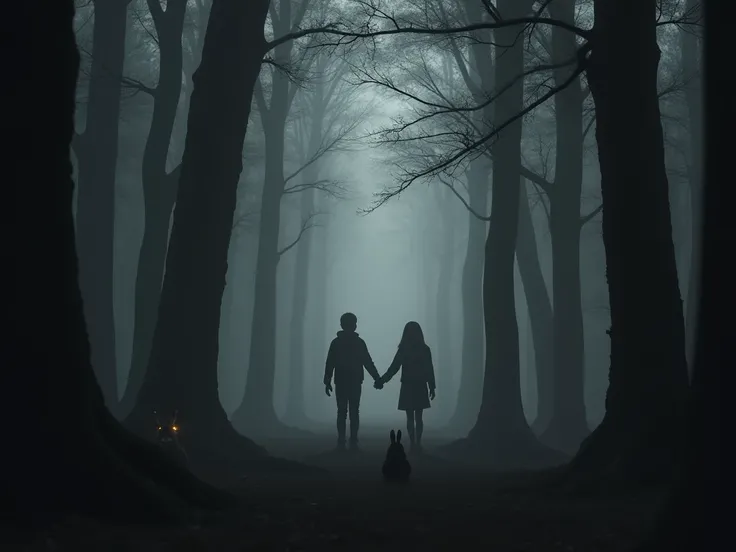 realistic, 4k, Dark and terrifying forest surrounded by thick fog, Midnight and Darkness, human shadows peeking out from behind the trees, human silhouettes with glowing eyes behind trees, bright-eyed rabbits and scary fangs, scared boy and girl holding ha...