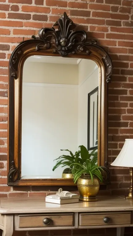 
" A vintage decorative mirror with an intricate carved wooden frame ,  that features a pattern of leaves and flowers in relief .  The mirror has an aged finish in gold and silver tones ,  with a slight touch of patina that gives it a nostalgic air .  Plac...