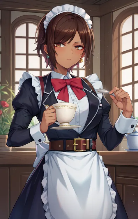  score_9,  score_8_ up,  score_7_ up, Breakout is SDXL,  1 girl in the best, Alone,  watch viewers, ,  short hair,   tea hair,   long sleeve ,  dress , bow,   brown eyes,  jacket ,  cowboy shooting,  earrings,  Puff Sleeve , belt, Dark Skin, bowtie,  apron...