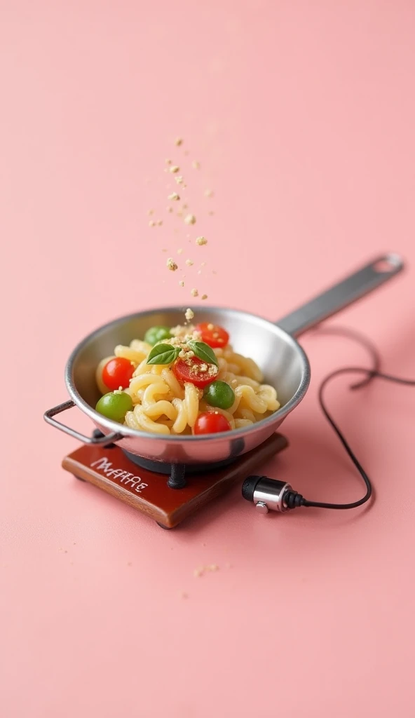 Create a image for miniature. Make a veggie maggie on a tiny metal pan using earphones stove. Make it so cute to look. Background features soft pink color. Dont include anything extra.