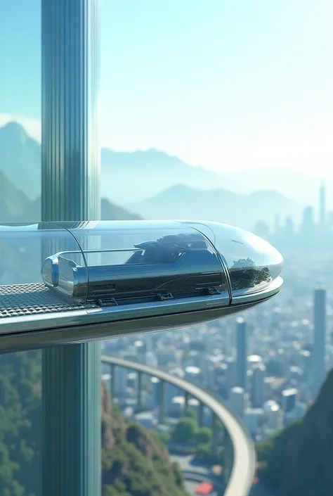 A sleek, maglev-powered pod speeding through a translucent tube suspended high above the ground, with mountains and cities visible below.