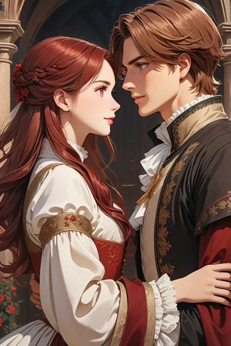 European medieval background, A commoner boy with light brown hair and red eyes and a wealthy aristocrat girl with maroon hair and black eyes. They're both in their late s. They're facing each other.