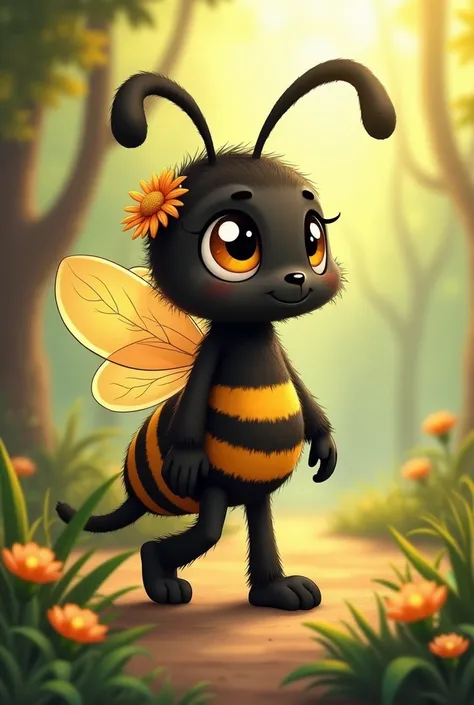 Quero uma imagem de uma oc para Happy Tree Friends, I'm going to describe her , Okay ?

 she is a black bee ,  transparent in the light Details like honeycombs,  thick and movable antennas ,  a very thick bee's tail with a sting at the end ,

 She has dark...