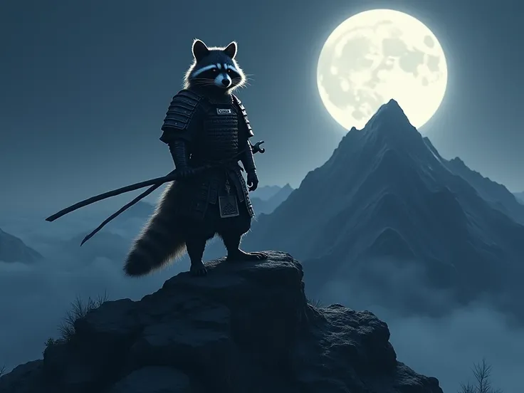 A samurai raccoon on top of a mountain at night 