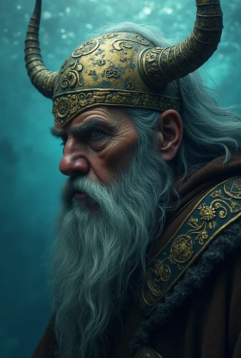 Viking, north, druid, king, wise old man, god of death, witch, pagan face, half turn, three quarters, portrait, underwater, rune-covered, crown of bones, necromancer, hizlam Beksin, Mechael Wukarb, C-giger, Gueger, Gustav Klimt, symmetry, mystical occult i...