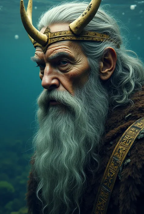 Viking, north, druid, king, wise old man, god of death, witch, pagan face, half turn, three quarters, portrait, underwater, rune-covered, crown of bones, necromancer, hizlam Beksin, Mechael Wukarb, C-giger, Gueger, Gustav Klimt, symmetry, mystical occult i...