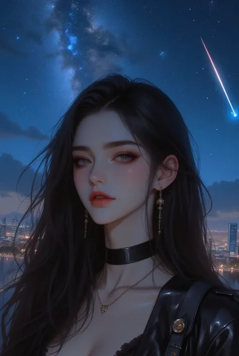    meteor in the sky    , ((    Masterpiece:1.4)、(    excellent size   :1.4)、(   surreal portrait of a beautiful girl   :1.5)เหนือจริง portrait of a girl สวยงาม 、very beautiful、(( girl :1.4))、Shine light, natural skin texture、19 years old、(Two arms:1.4、Two...