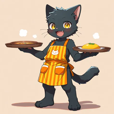 1boy, apron, black fur, cat boy, 1 fang, blush, full body, furry, furry male, shadow, solo, standing, yellow and orange striped apron, striped clothes, yellow eyes, holding a tray with both hands, A Soup and a spoon on the tray, smiling, artist:04sora40, v...