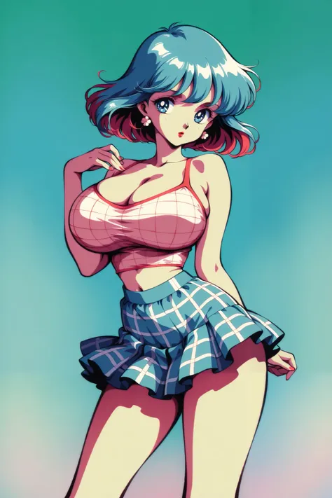 best quality, illustrator anime, style retro classic, master piece:1.5、(minimal art), woman、colored hair, silence、An ennui look、Densely drawn, plaid tank top, huge breasts, portrait, neon color palette, thin waist, plaid skirt, sexy, 










