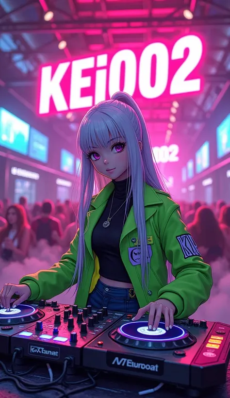  An anime-style character from the 70s /80,  with long white hair with purple highlights ,  dominates the DJ table At a vibrant cyberpunk party . She wears a bright green jacket with stylized 'KAP' on the right side,  combined with a black turtleneck shirt...