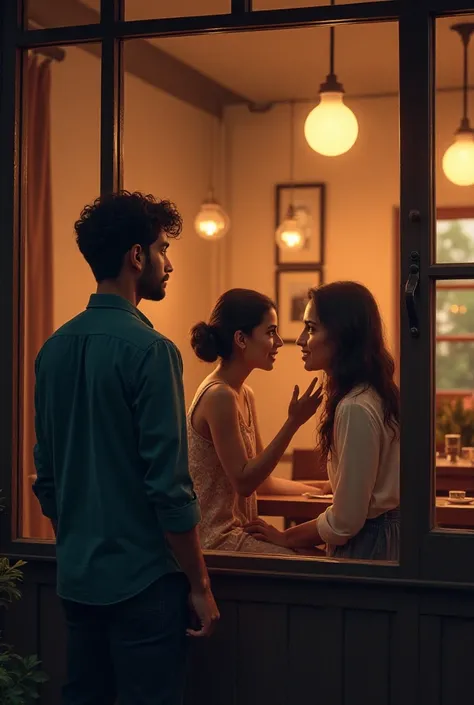 Rahul standing outside a café, looking through the glass window, shocked. Inside, Neha is sitting closely with another guy, Aditya, smiling flirtatiously.
