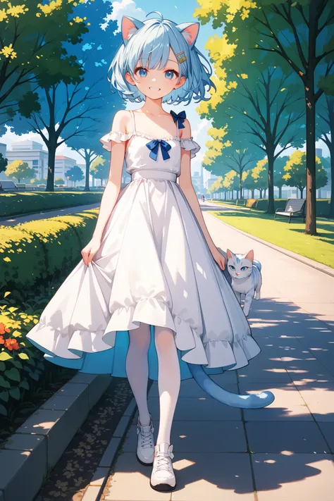 4k anime style, Smooth anime CG, 8k anime, Best quality, High resolution,Superdetail,Perfect light,Young Anime,high 150 cm,She has short Hair,cropped,Off the shoulder,light blue hair,  hair clip,Beautiful light blue eyes,small chest,light blue Cat ears,lig...