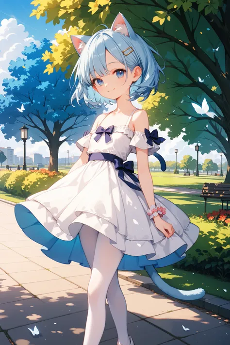 4k anime style, Smooth anime CG, 8k anime, Best quality, High resolution,Superdetail,Perfect light,Young Anime,high 150 cm,She has short Hair,cropped,Off the shoulder,light blue hair,  hair clip,Beautiful light blue eyes,small chest,light blue Cat ears,lig...