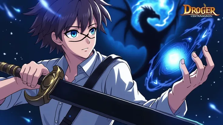 A young male character with short brown hair and glowing blue eyes, wearing a light shirt. A black mark crosses his face. He is holding a sword with a golden hilt in one hand and a glowing blue orb surrounded by black, shadowy energy in the other. Behind h...