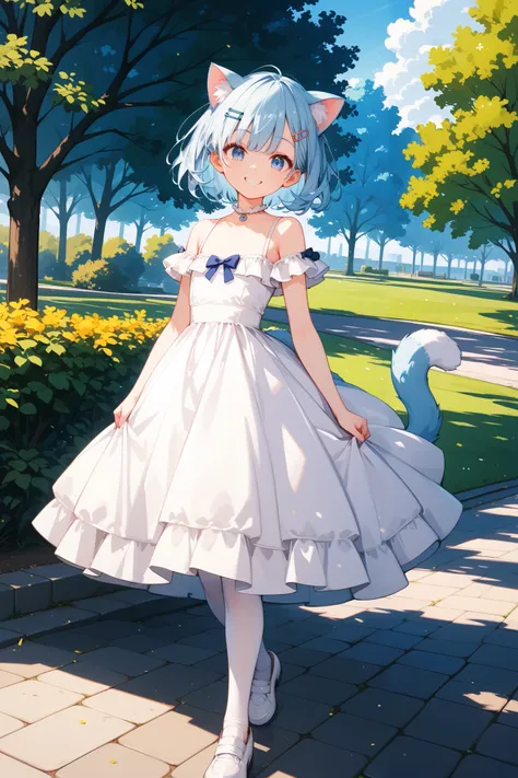 4k anime style, Smooth anime CG, 8k anime, Best quality, High resolution,Superdetail,Perfect light,Young Anime,high 150 cm,She has short Hair,cropped,Off the shoulder,light blue hair,  hair clip,Beautiful light blue eyes,small chest,light blue Cat ears,lig...