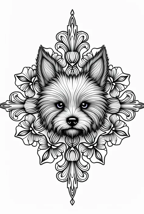 Coloring page for adults, thick lines, dark lines, Yorkshire Terrier dog body mandala, cat face mandala, mandala face, symmetrical, white background, clean line art, thin line art