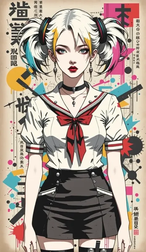 best quality, illustrator anime, style retro classic, master piece:1.5、(minimal art), woman、colored hair, silence、An ennui look、Densely drawn, huge breasts, portrait, neon color palette, school girl uniform, thin waist, thigh highs, slender 
