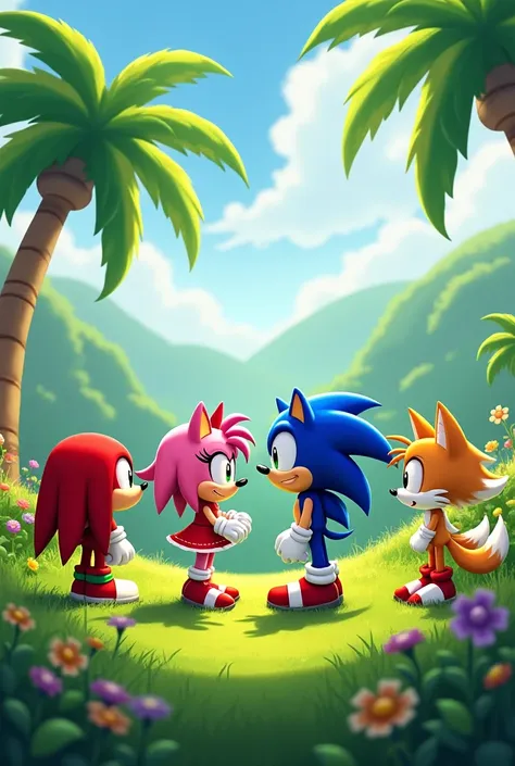 Then Amy rose also appears where knuckles, tails and sonic are in green hill zone and sonic then talks to Amy rose while knuckles and tails look confused and weirded out in the background.