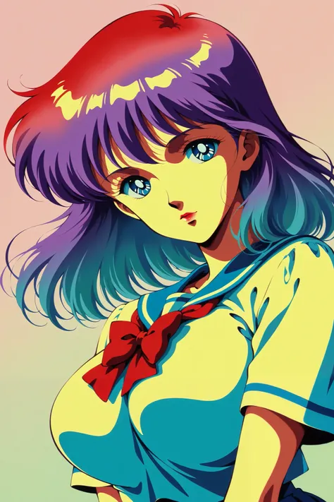 best quality, illustrator anime, style retro classic, master piece:1.5、(minimal art), woman、colored hair, silence、An ennui look、Densely drawn, huge breasts, portrait, neon color palette, school girl uniform, 










