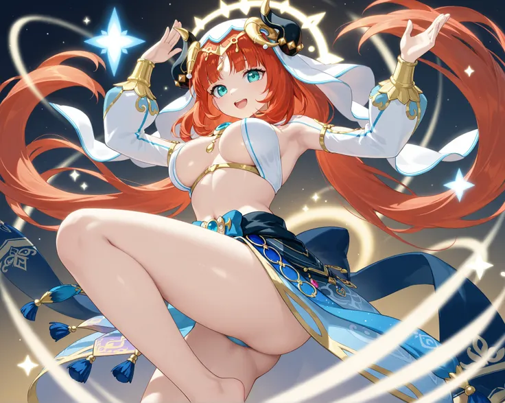  Nilou、 high resolution、 Super Fine、 beautiful breasts 、、 whole body、 ,  happy、 Fox hair ornament、 Genshin Impact 、 beautiful thighs、galaxy　Halo