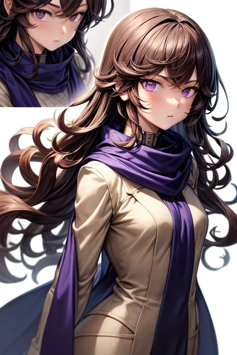 ((best quality)), ((masterpiece)), (detailed), 1 girl, young adult, purple eyes, long blue scarf, brown hair, long hair, wavy hair, bangs, brown collar, somewhat short, very thin, anime