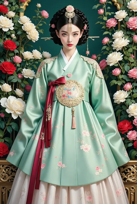 1 cute girl, glamour, joseon dynasty official uniform, hanbok , Single claw, red spell on yellow bill, FEMININE GOTHIC AESTHETICS, Close up details, Detail shot, clear details,  ARTY LOVE BLOW STYLE, Silkscreen Art, close-up pictures, EXTRA FINE INK DETAIL...