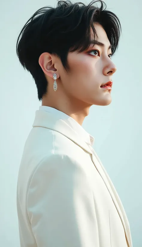 A 23-year-old Korean man in a profile 3/4 view, facing to the right, wearing an elegant all-white outfit consisting of a white blazer over a plain white shirt, with no tie, captured from the belly up on a transparent PNG background. The composition is fram...