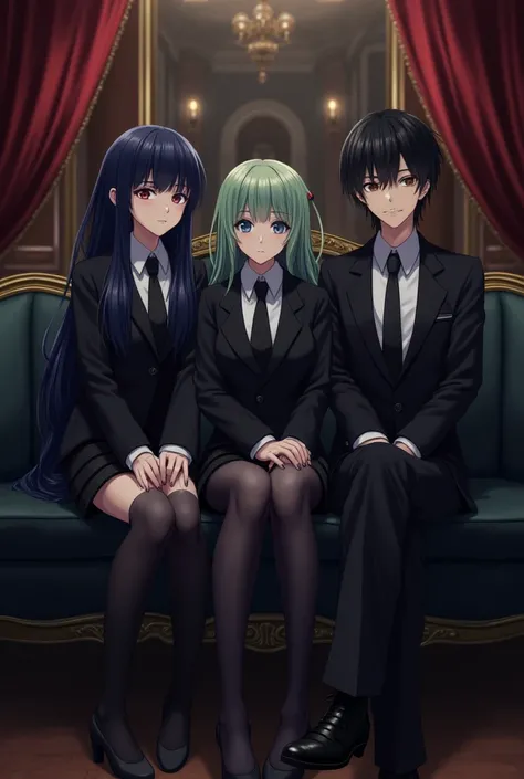 High angle sharp anime photo sitting on a black sofa in a luxurious mansion with a backdrop of a royal mansion with beautiful decorative lights, 1st woman with gray eyes, dark blue rubber hair wearing a 2nd woman's skirt, light green long hair, blue eyes, ...