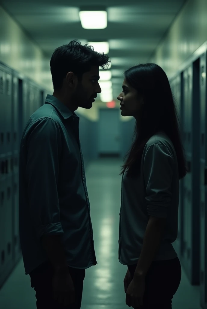 A dimly lit college corridor. Rahul and Neha are standing face-to-face. Rahul looks heartbroken, while Neha smirks casually, dismissing his concerns.